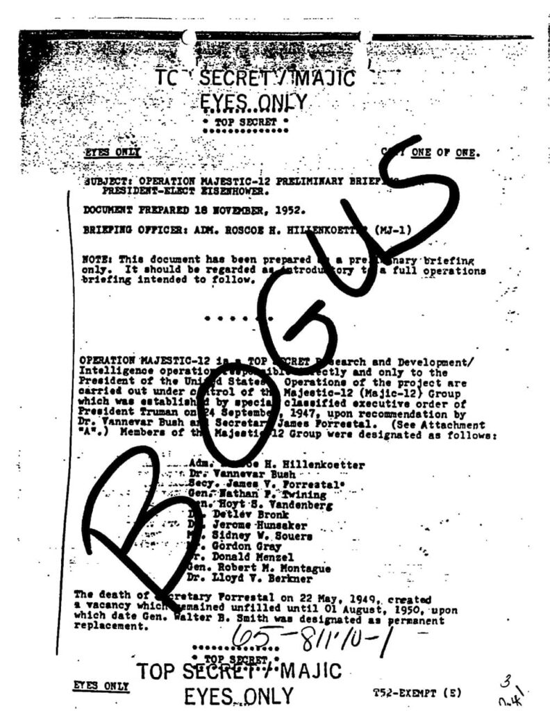 First page of the alleged Majestic 12 memo with FBI markings