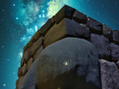 A surreal image blending the stones of Puma Punku with a starry night sky, suggesting a connection with extraterrestrial civilizations