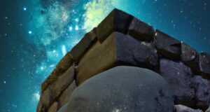 A surreal image blending the stones of Puma Punku with a starry night sky, suggesting a connection with extraterrestrial civilizations