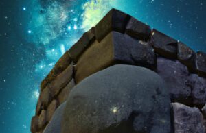 A surreal image blending the stones of Puma Punku with a starry night sky, suggesting a connection with extraterrestrial civilizations