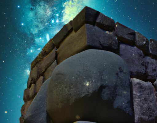 A surreal image blending the stones of Puma Punku with a starry night sky, suggesting a connection with extraterrestrial civilizations