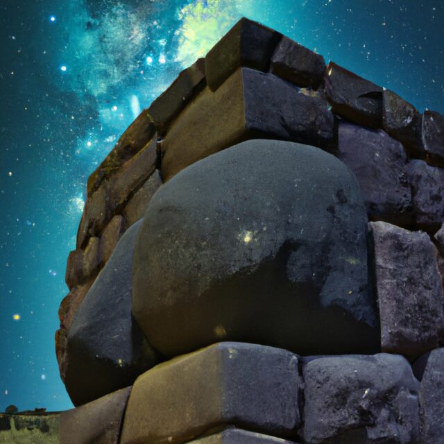 A surreal image blending the stones of Puma Punku with a starry night sky, suggesting a connection with extraterrestrial civilizations